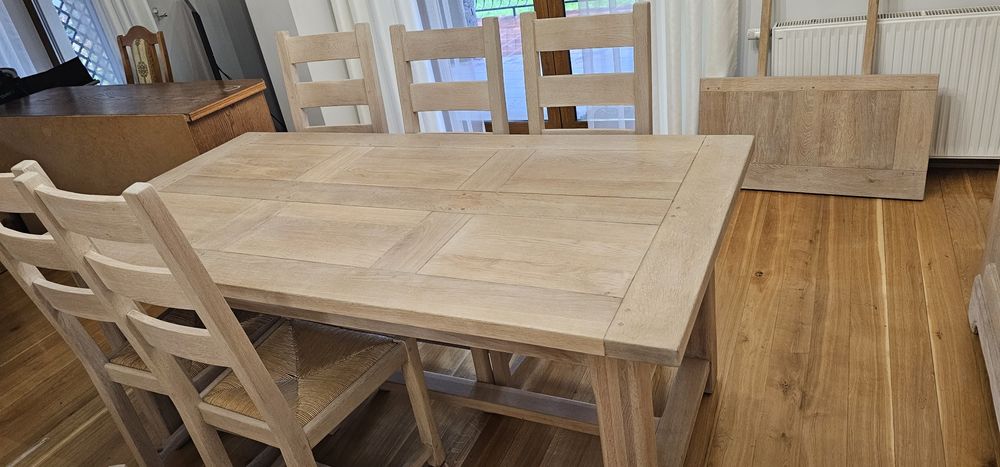 Stół dębowy bielony i 6 krzeseł do jadalni