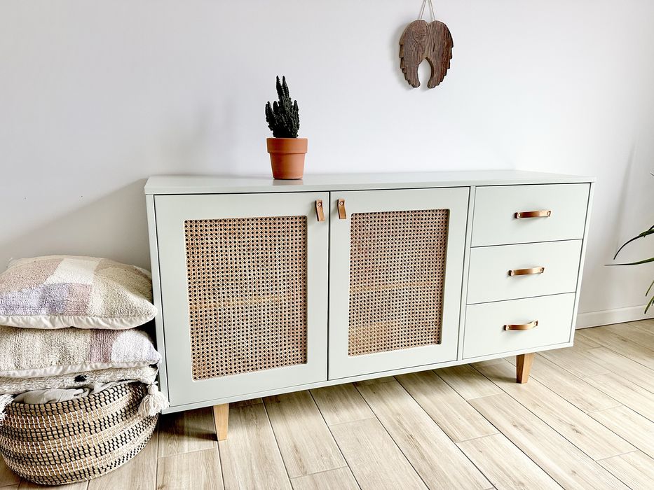 Komoda solidna 150cm z rattanem miętowa szuflady boho