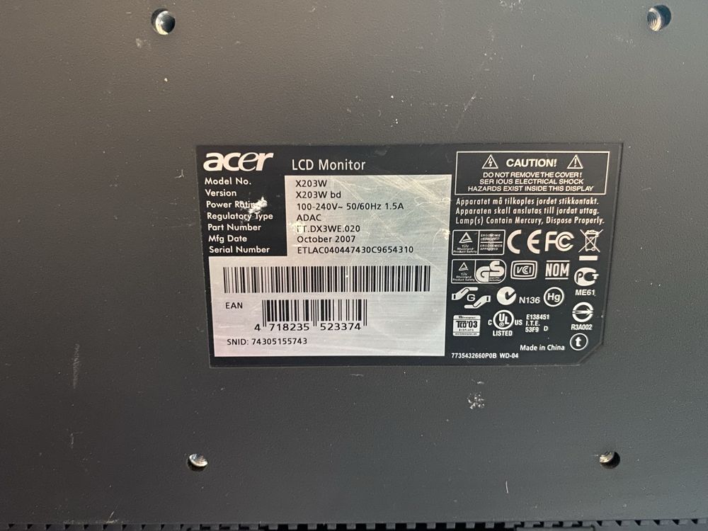 Продам монитор Acer x203w bd