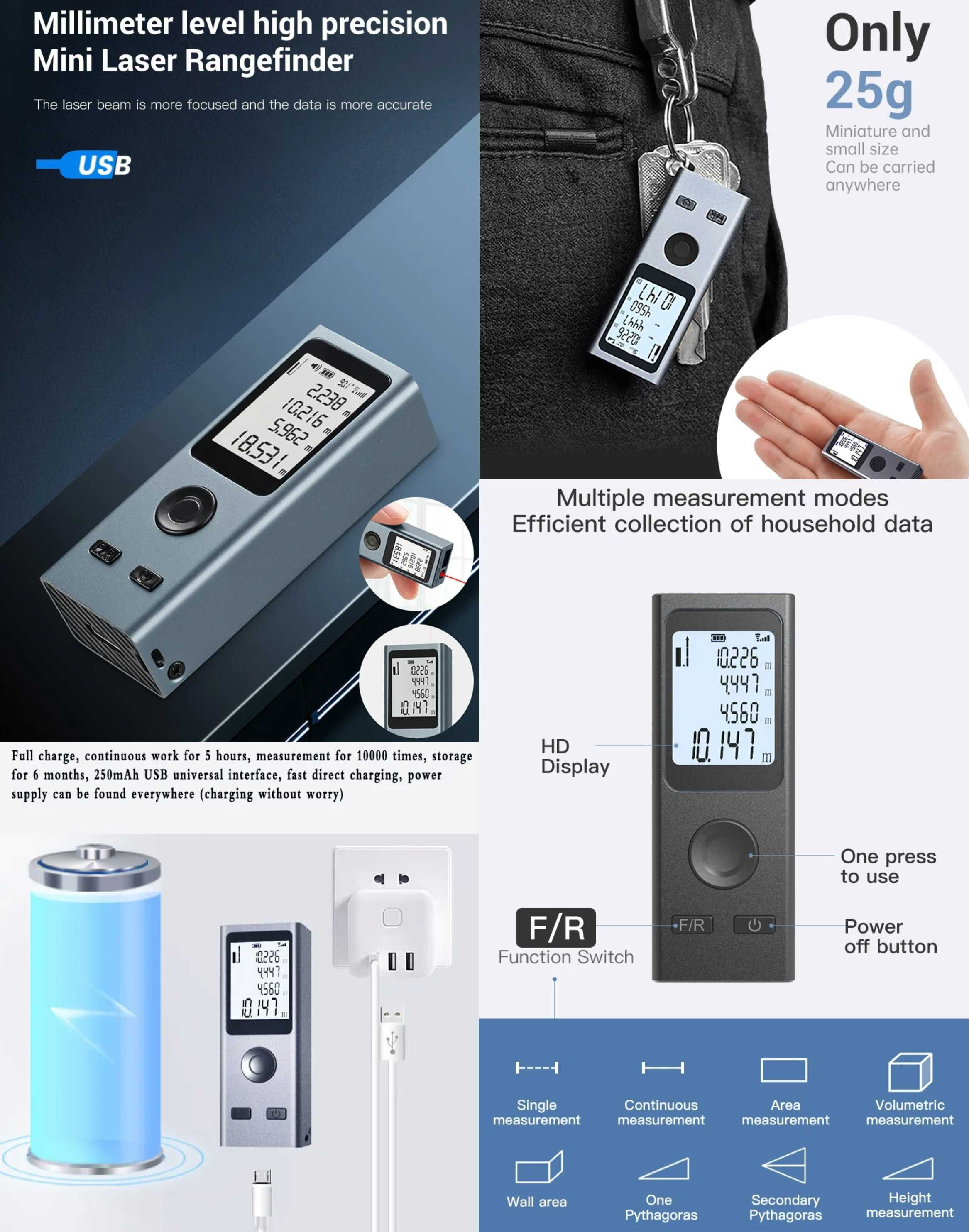 Мини лазерная рулетка дальномер угломер  50/60/80/100/120 м Li-Ion USB