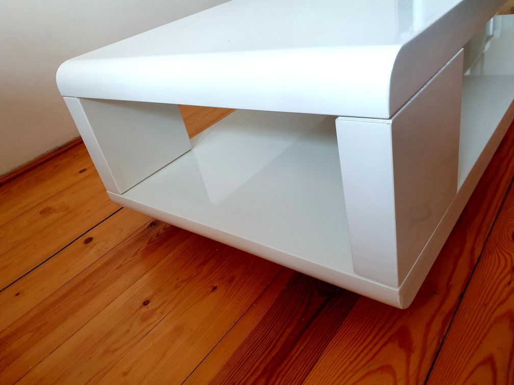 Ekskluzywny stolik kawowy z obrotowym modułem szuflady-biały polysk