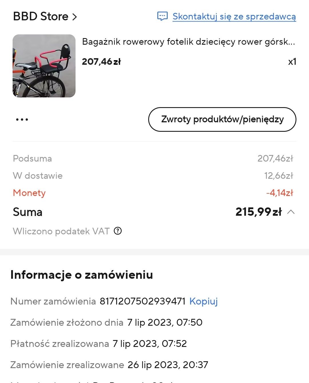Fotelik rowery dziecięcy