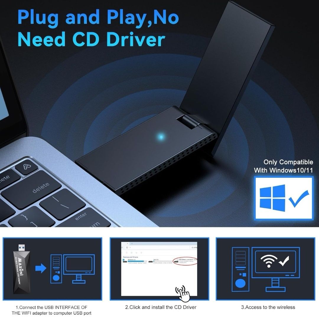 Maxuni AX1800 USB WiFi Adapter do PC, Bezprzewodowy Adapter Sieciowy