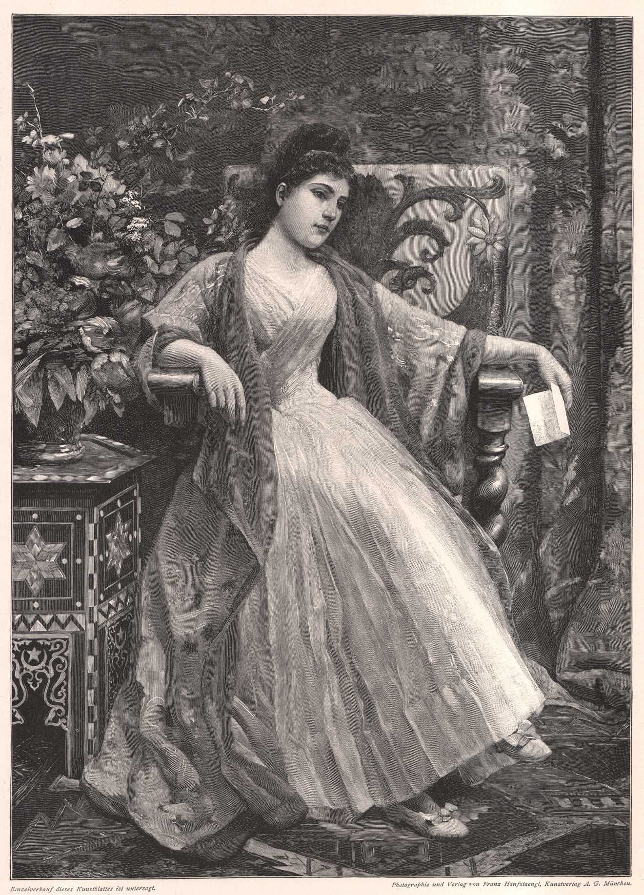 Nys: Dama z listem. Drzeworyt ilustracyjny 1897 r. autentyk