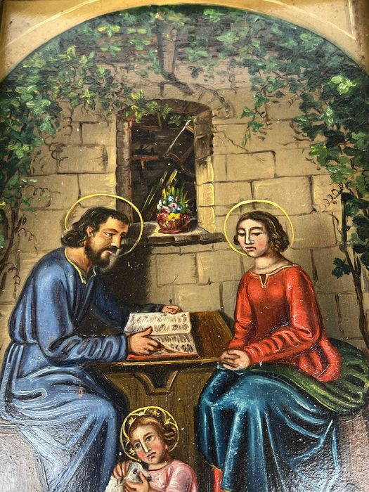 Piękny stary obraz -Swięta Rodzina , olej na blasze, złota rama, XIXw.