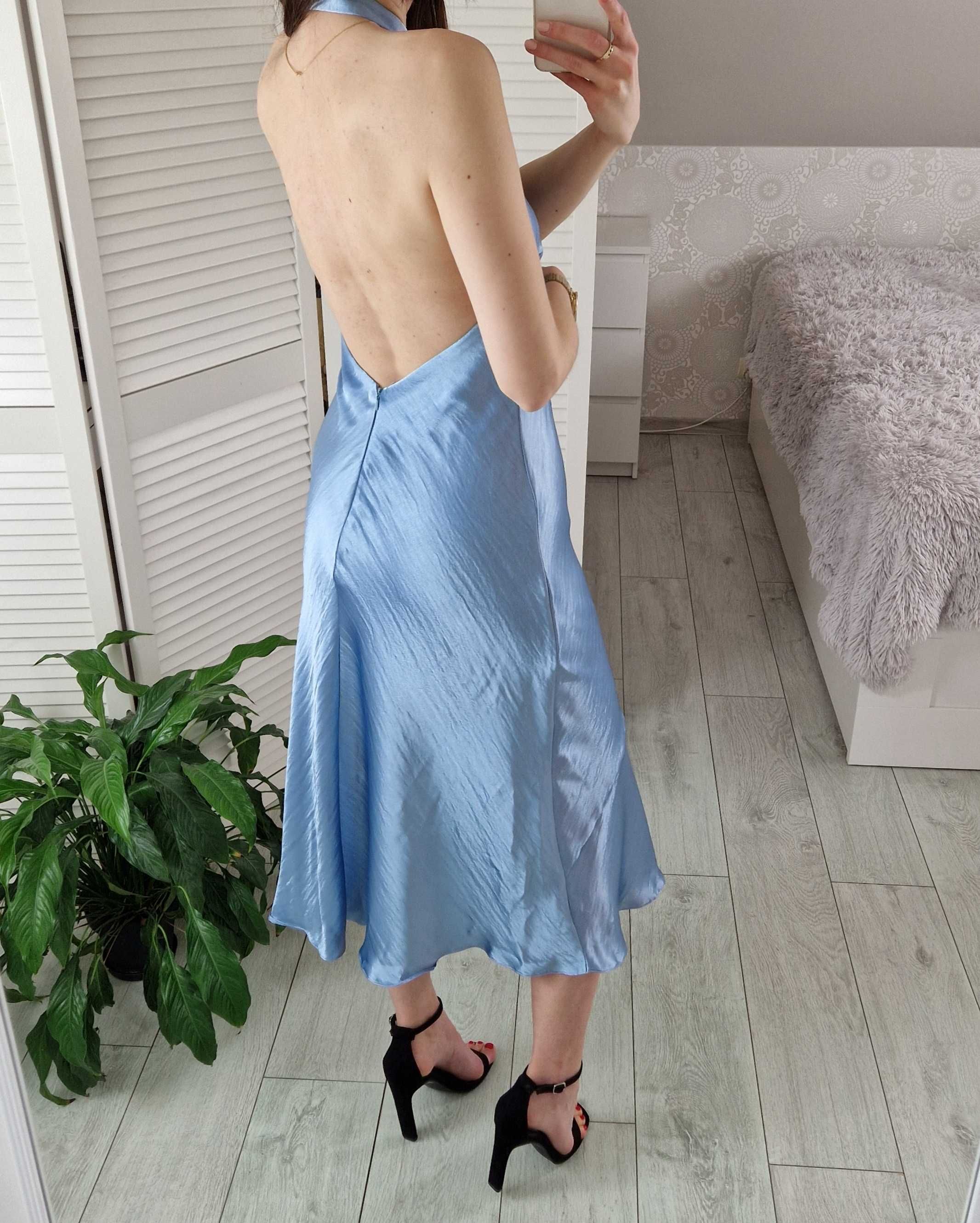 Asos błękitna niebieska satynowa sukienka midi gołe plecy rozcięcie 38
