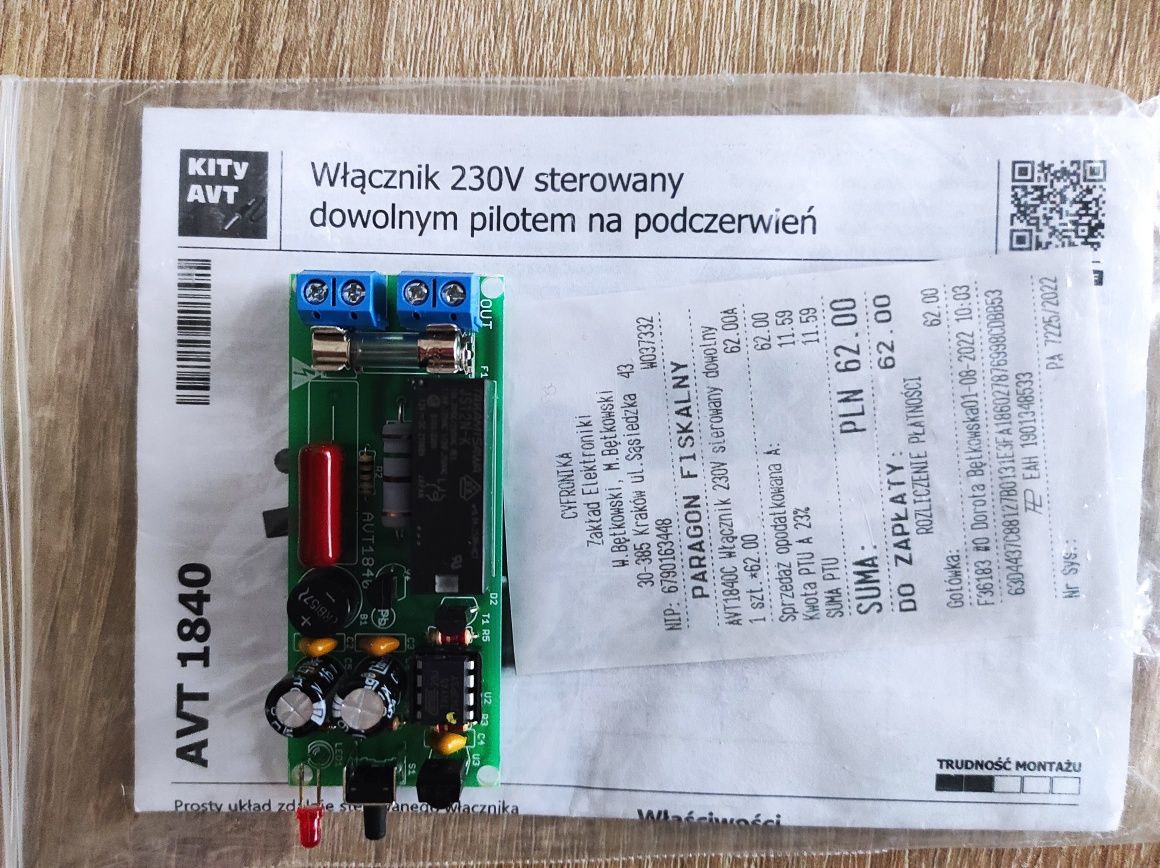 Włącznik 230V sterowany dowolnym pilotem IR, DIY, AVT1840 B