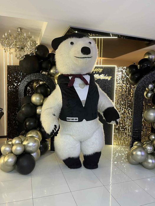 żywa maskotka, biały miś, miś na imprezę, wynajem misia, tancerka