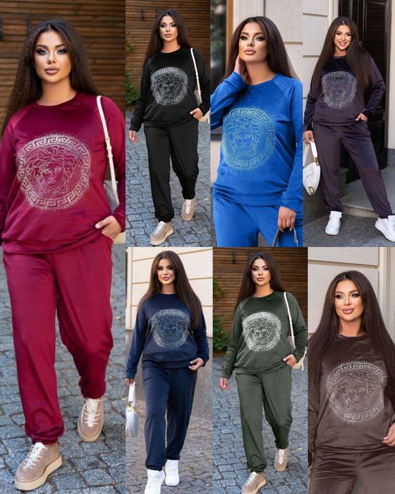 Стильный велюровый костюм с камнями батал всё 48-58