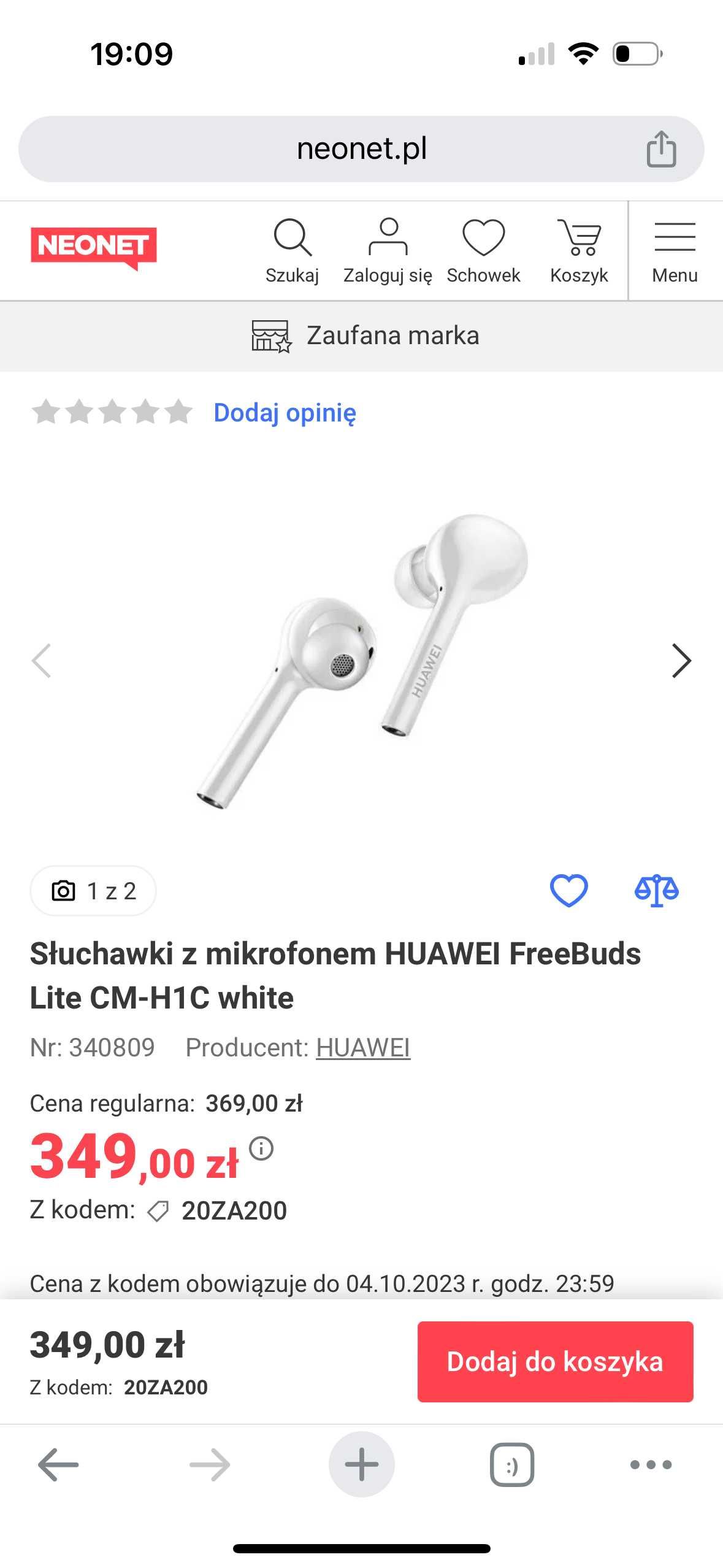 Słuchawki bezprzewodowe Huawei Free Buds Lite CM-H1C white - 112 zł