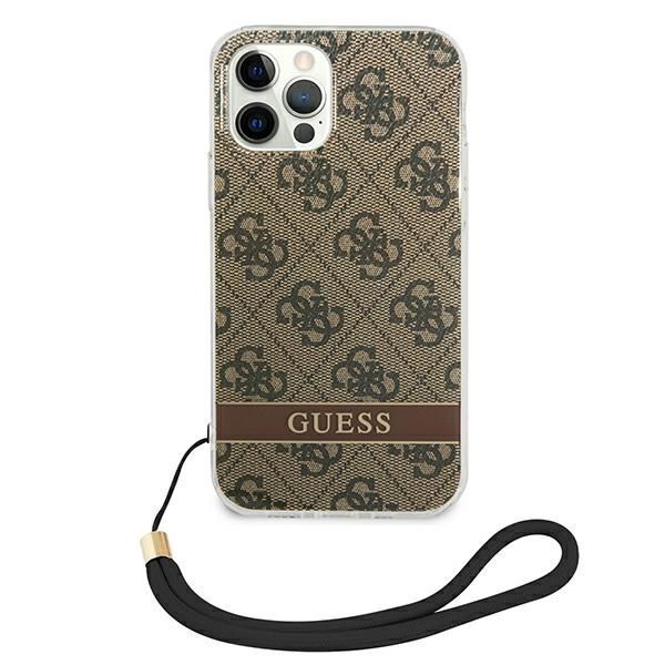 Guess Etui Hardcase do iPhone 12/12 Pro Print Strap w Brązowym Kolorze