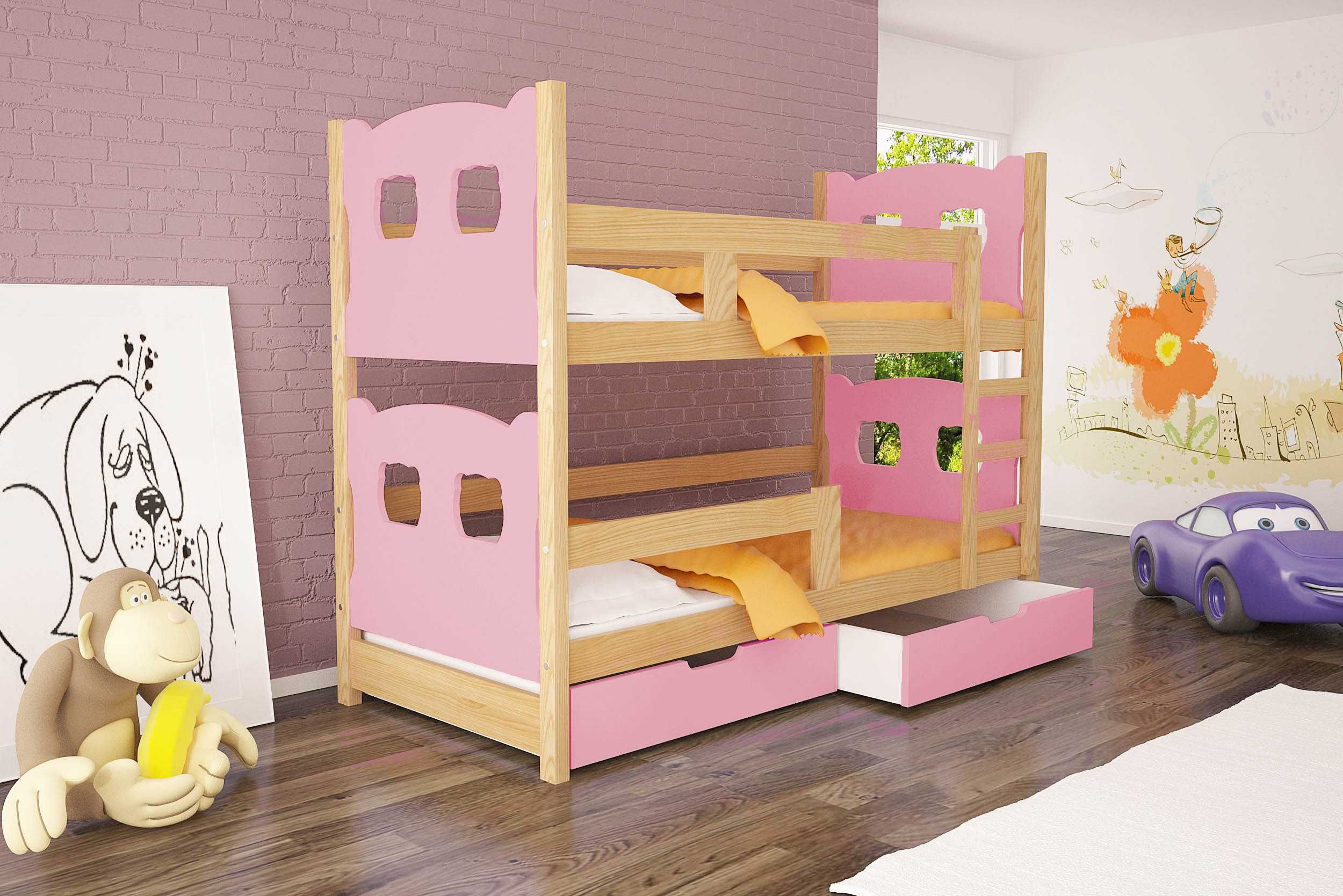 Piękne łóżeczko piętrowe dla dzieci OLEK z drewna sosnowego