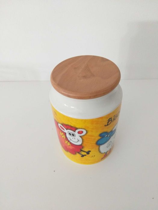 pote armazenamento - funky farm - porcelana e madeira