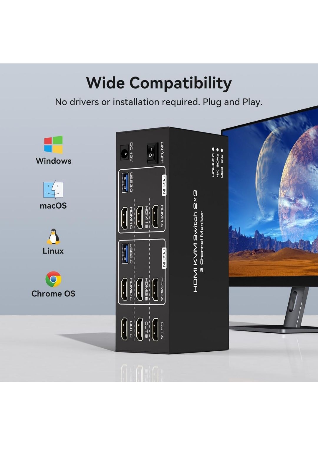 HDMI KVM-перемикач 3 монітори 2 комп’ютери 4K -60Hz.