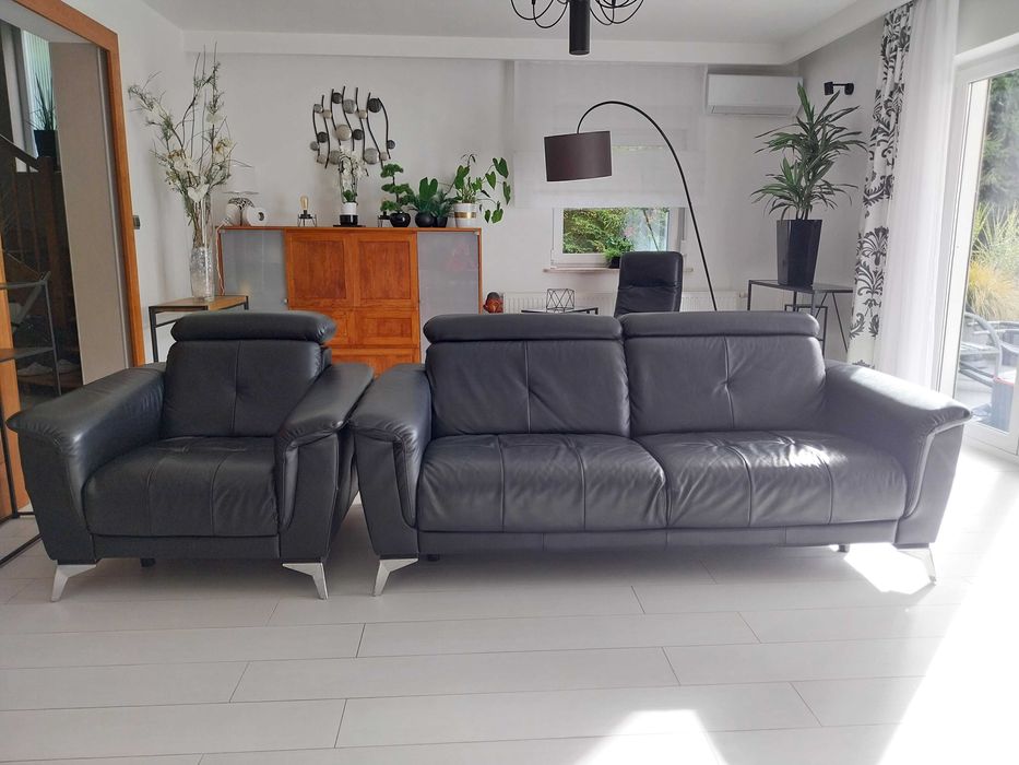 sofa i fotel z czarnej  skóry premium