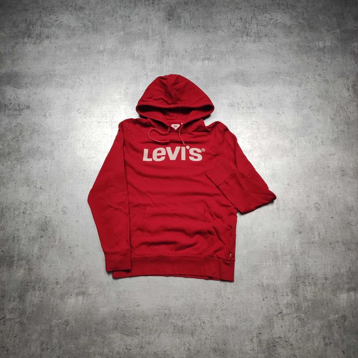 MĘSKA Bluza Hoodie z Kapturem Bawełna Czerwona Duże Logo Nadruk Levis