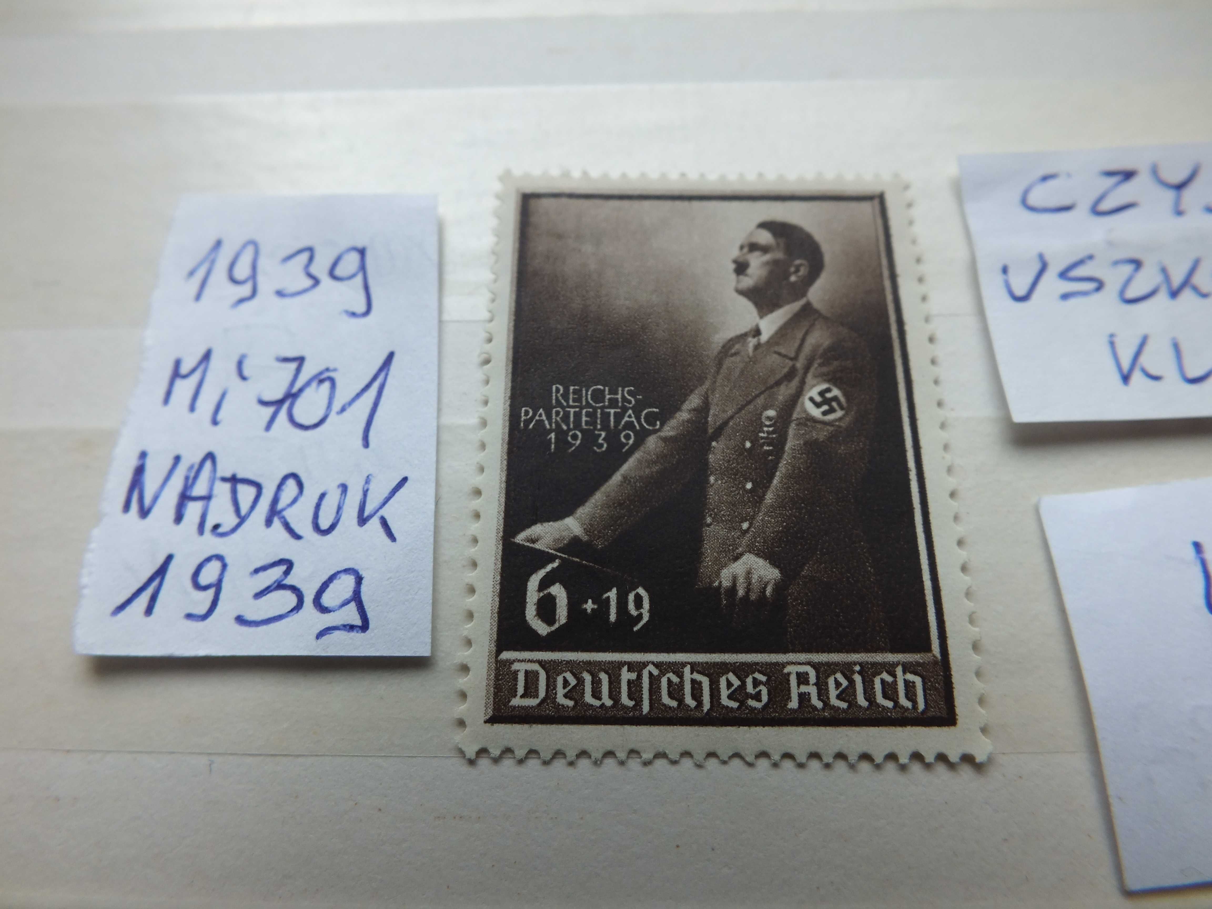 znaczki Mi 701 data Niemcy 1939r. Hitler Swastyka czysty Rzesza Reich
