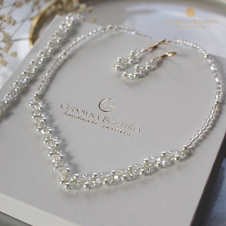 Biżuteria ślubna Crystal AB bransoletka naszyjnik kolczyki z perełkami