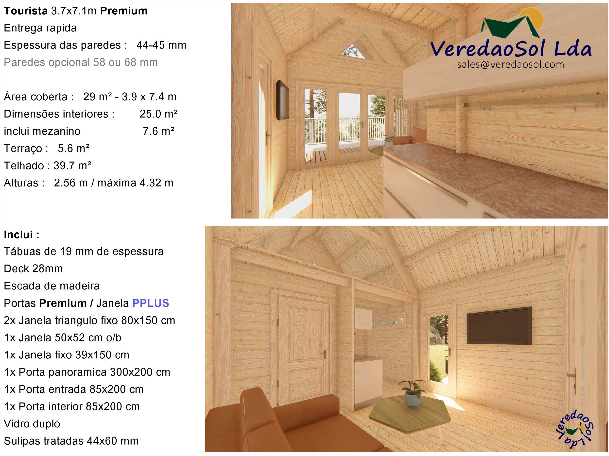 KIT Casa madeira TOURISTA 44mm 29m² - c.d. Banho - Mezanino - Terraço