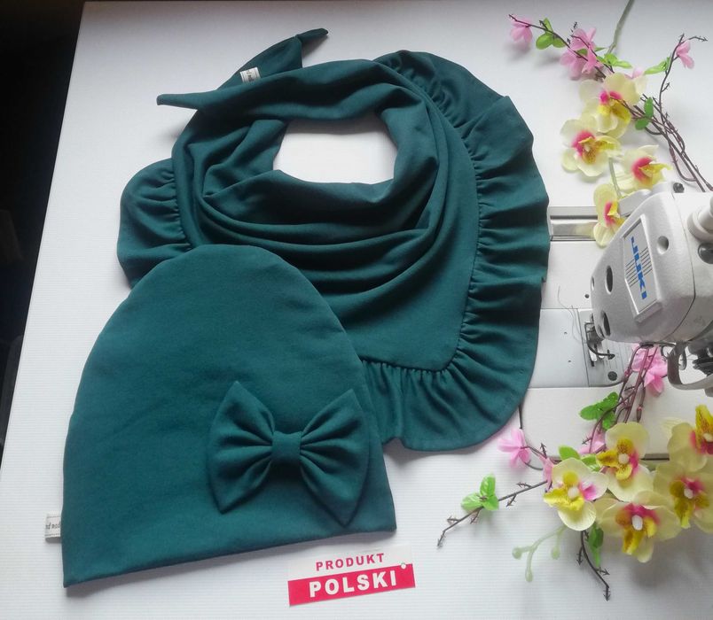 Komplet jesienny - czapka z kokardą + chusta z falbanką - hand made
