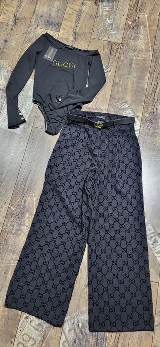 Komplet damski elegancki body szerokie spodnie premium S M