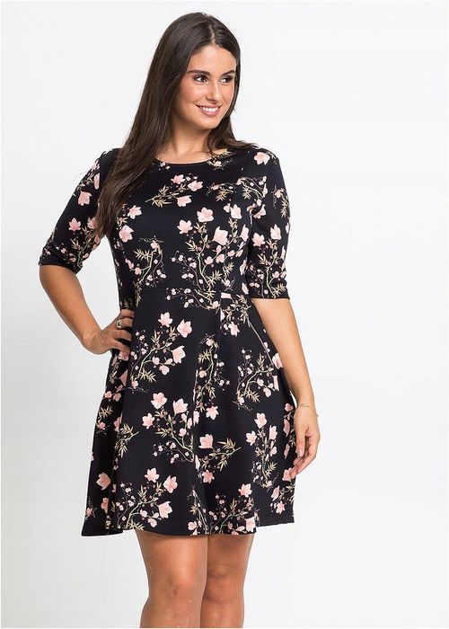 B.P.C sukienka czarna w kolorowe kwiaty rozkloszowana ^46