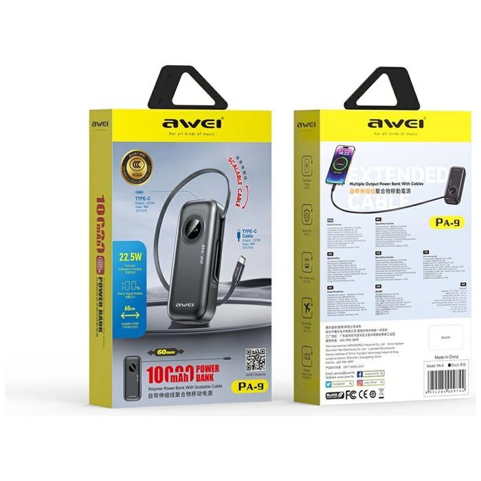 AWEI PowerBank PA-9 10000mAh 22.5W       z wyciąganym kablem czarny/