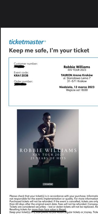 4 x bilety Robbie Williams Kraków 12.03 sektor C2 rząd 43 PROMOCJA