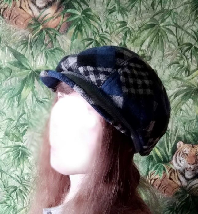 Кепка Берет в клетку серая, теплая кепка синяя женская шерсть/акрил