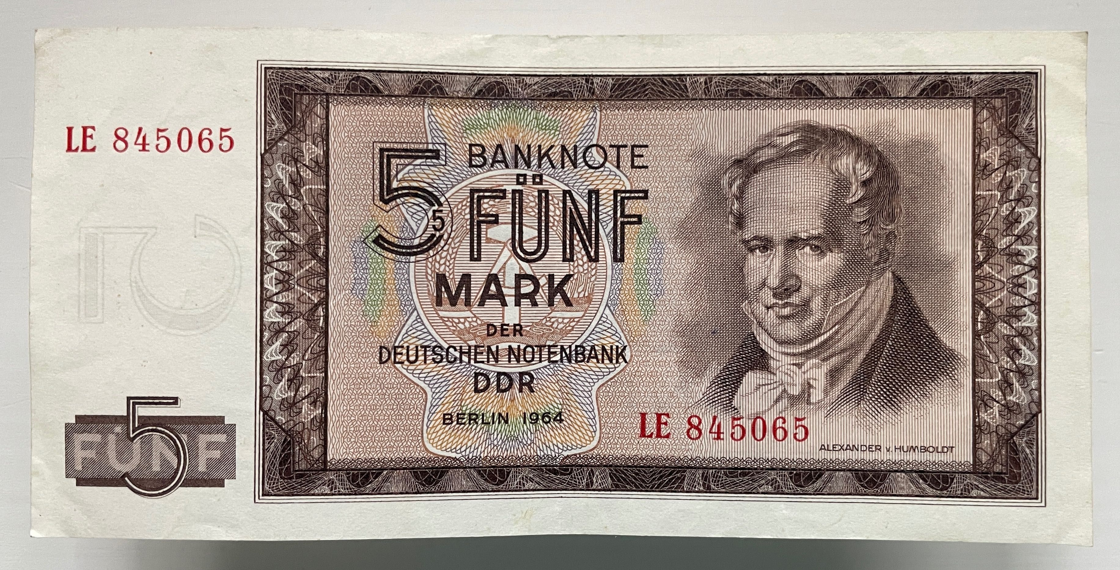 banknot FUNF MARK DDR 1964 - 5 marek - seria: LE