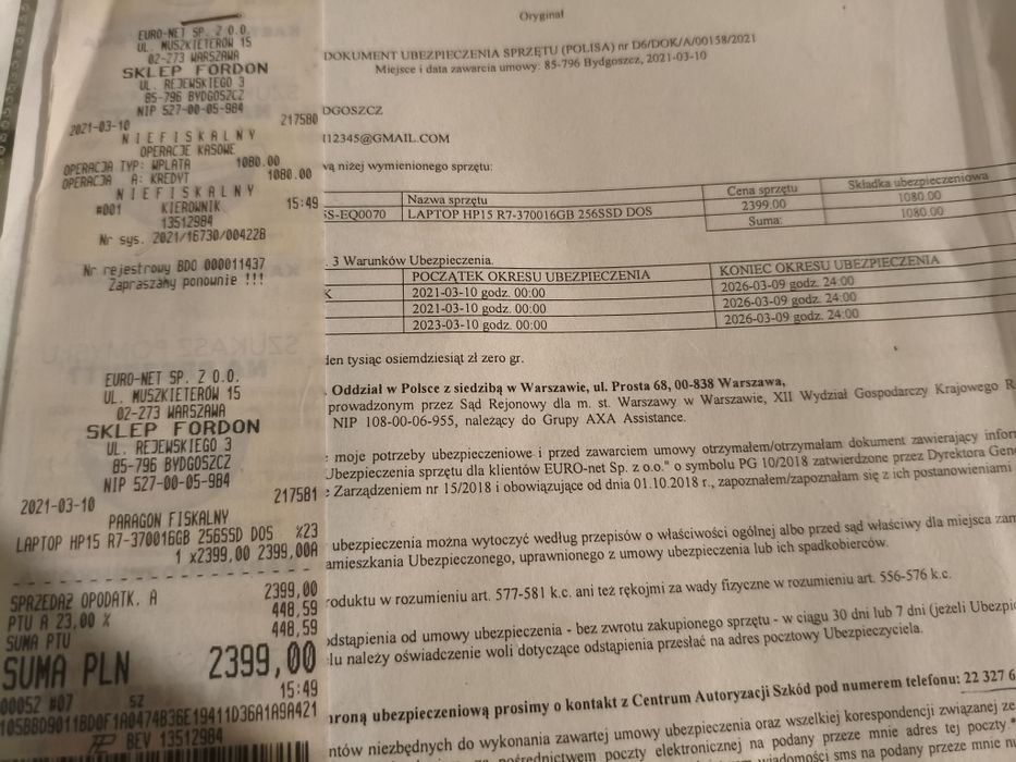 Laptop HP 15.6 cali faktura ubezpieczenie