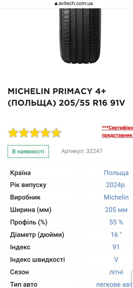 Автошини нові літні Michelin Primacy 4+ (Польща) 205/55R16 912024 р.в.