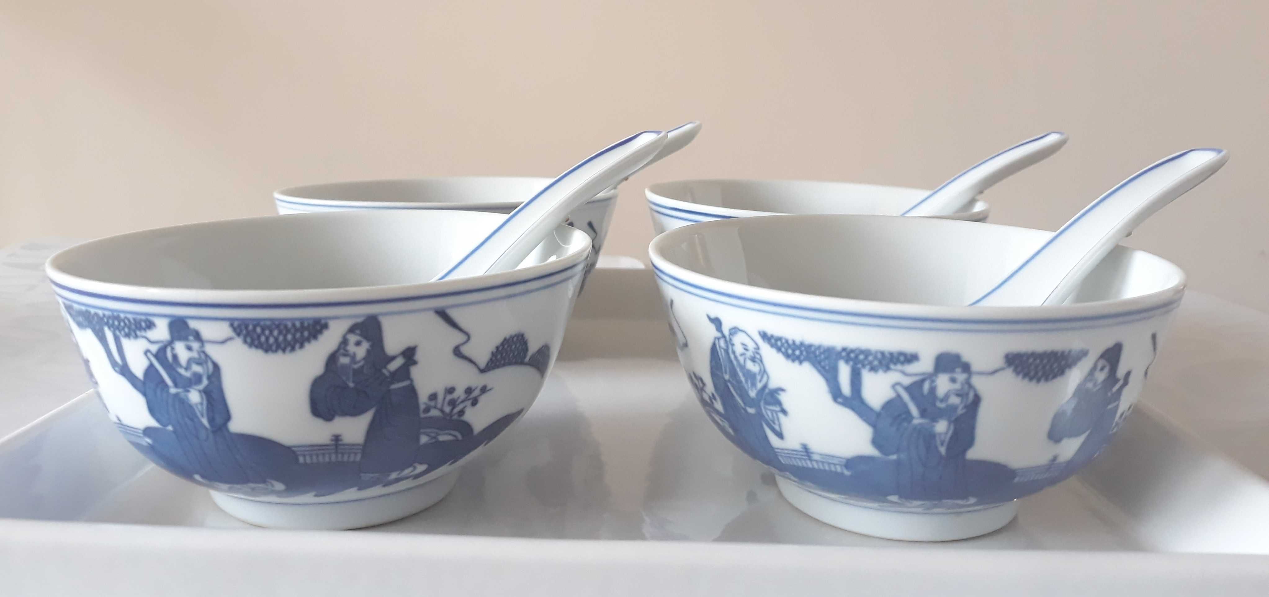 4 miseczki i łyżki do ryżu stara piękna chińska porcelana vintage