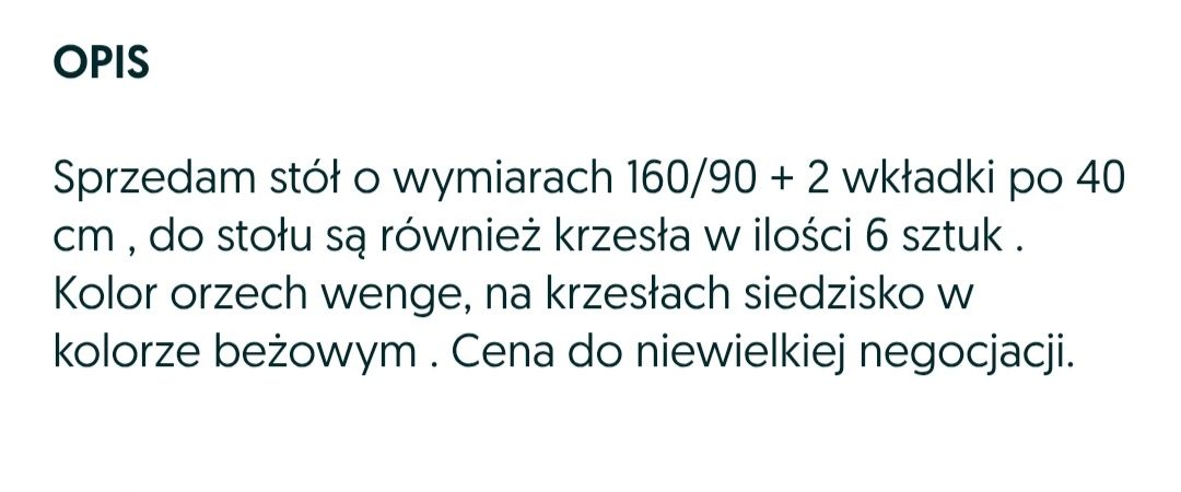 Stôł z krzesłami, witryna stojąca i wisząca  oraz półka pod tele