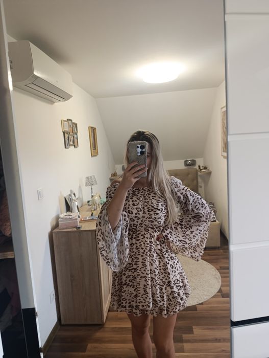 Sukienka zwiewna hiszpanka odkryte ramiona panterka xs s koktajlowa