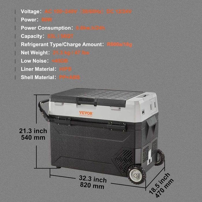 Frigorifico portátil Vevor 53L, 12/24V DC e 100–240V AC