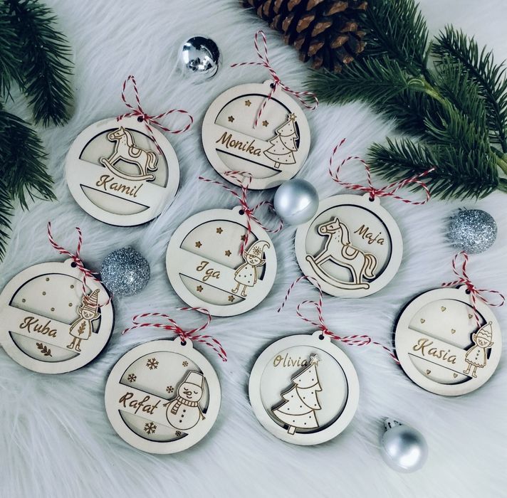 Drewniane bombki personalizowane grawer zawieszka imię choinka święta