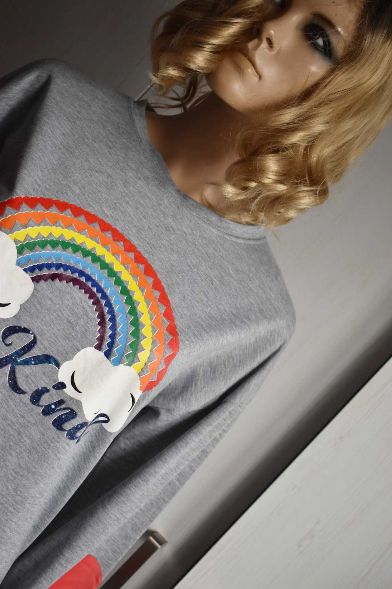 Bluzka 36 S koszulka z długim rękawem tęcza Be Kind bawełniana szara