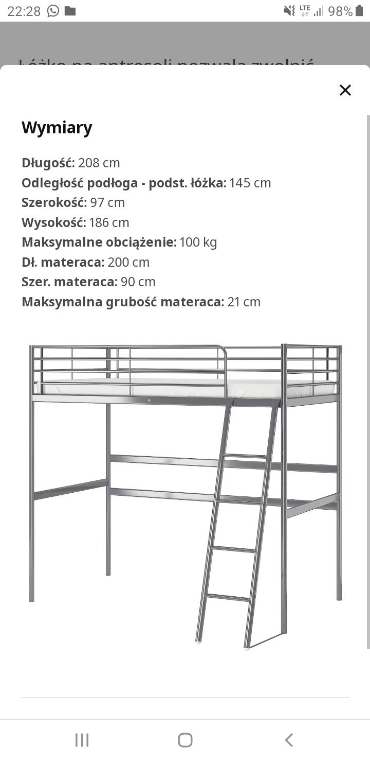 Łóżko piętrowe Ikea SVARTA 97 x 208 cm z biurkiem