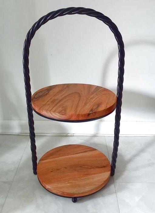 Etażerka dwupoziomowa, patera, półka drewno i metal.