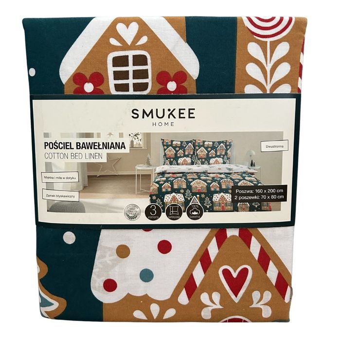 Świąteczna pościel bawełniana 160x200 ciemnozielona Chatka z Piernika
