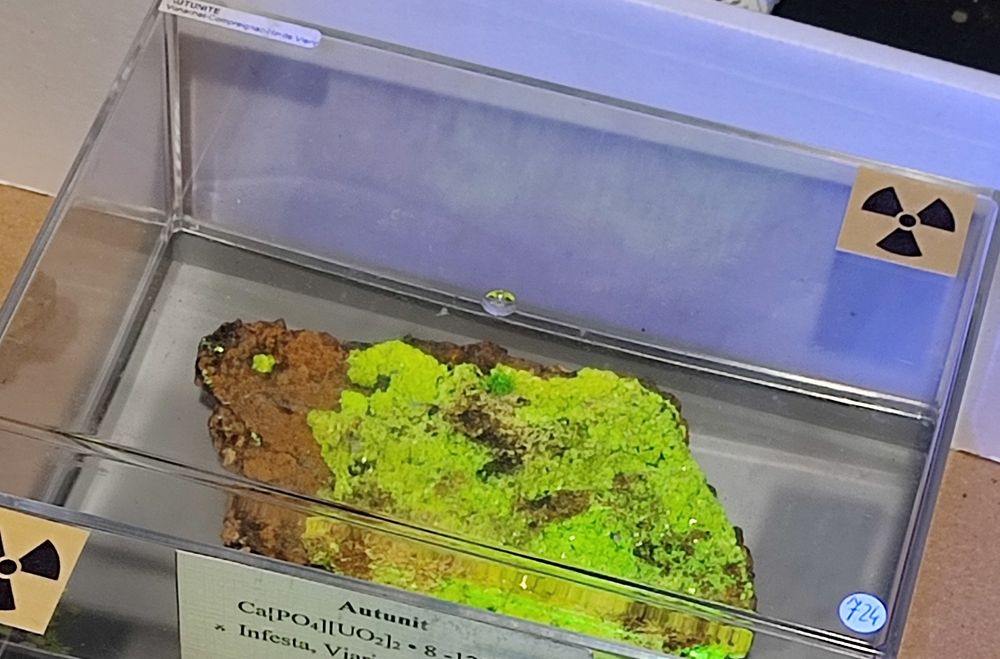 Minerał uranowy. Autunit, świeci przepięknie w UV.