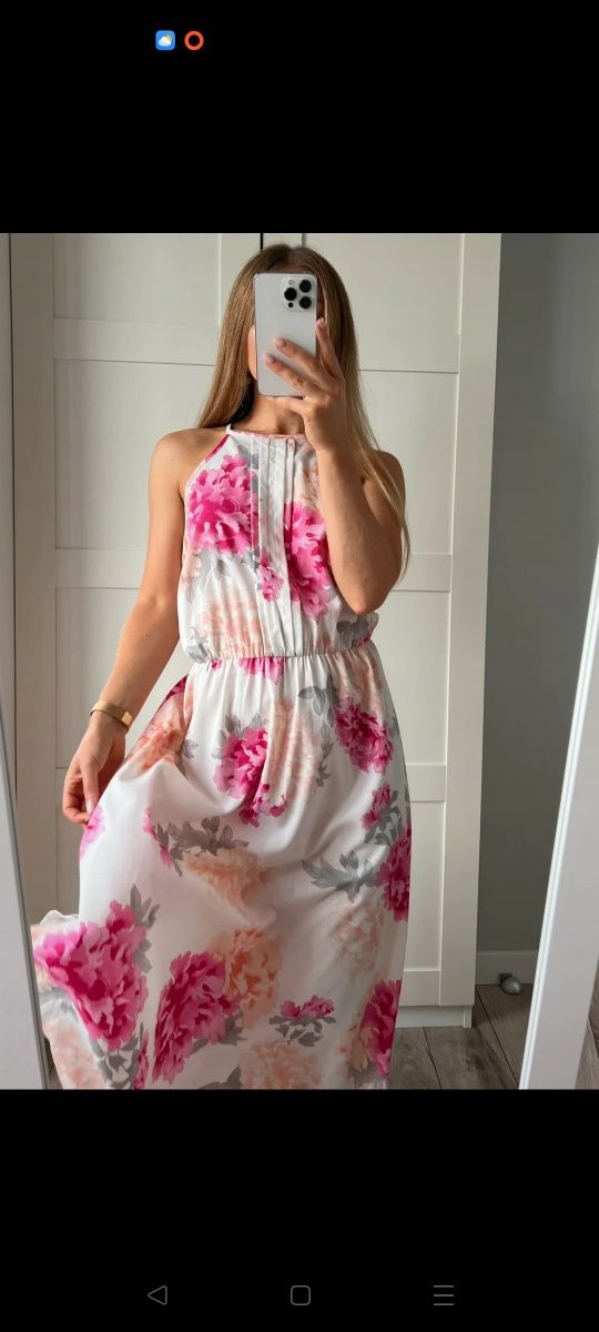 Piękna sukienka maxi w kwiaty elegancka wizytowa wieczorowa wesele Dor