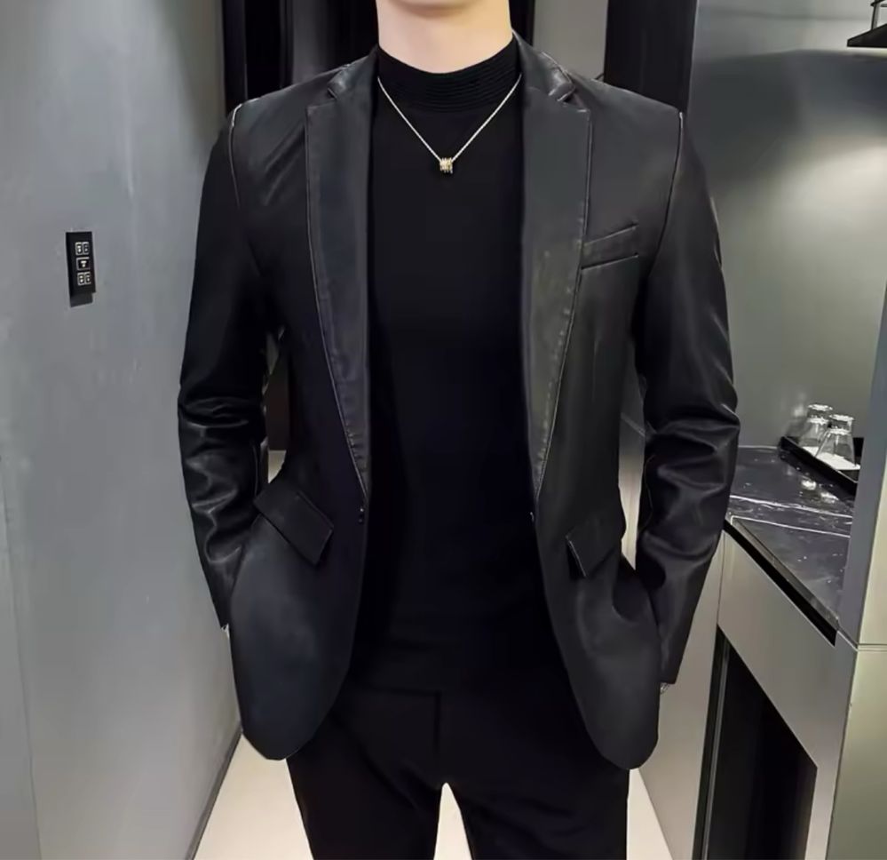 Męska marynarka skórzana modna czarna casual elegancka