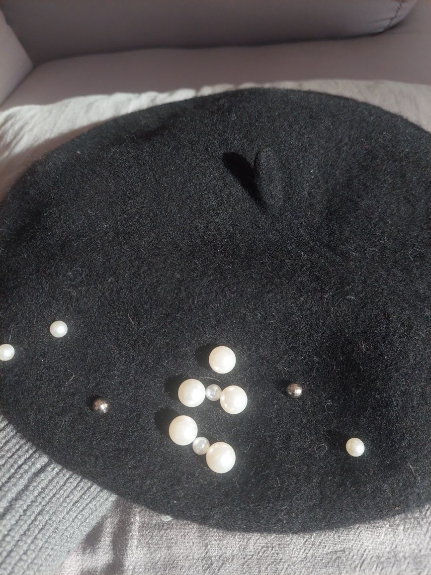 Piękny beret czarny damski wełna wełniany z perełkami elegancki