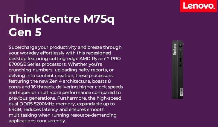 Thinkcentre M75q Gen 5 Ryzen 5 Pro 512Gb 16RAM wifi NOVO WIN11Pro