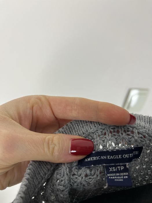 Szary Pleciony Markowy Sweter Dekolt V Długi Rękaw Markowy XS