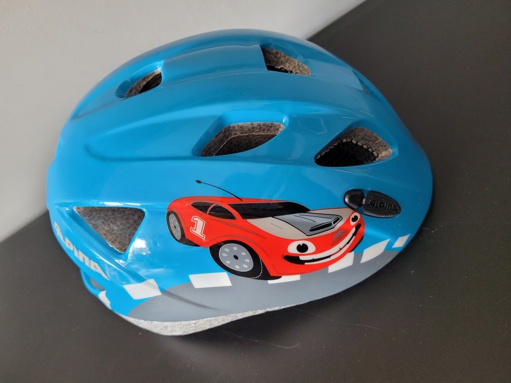 Kask rowerowy Alpina dla chłopca niebieski auto r.XS 49-54cm + gratis