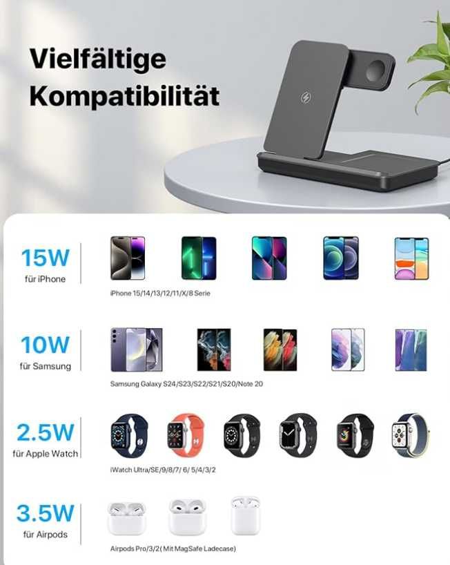 Indukcyjna stacja ładująca do zegarka Apple Watch i iPhone'a 3w1