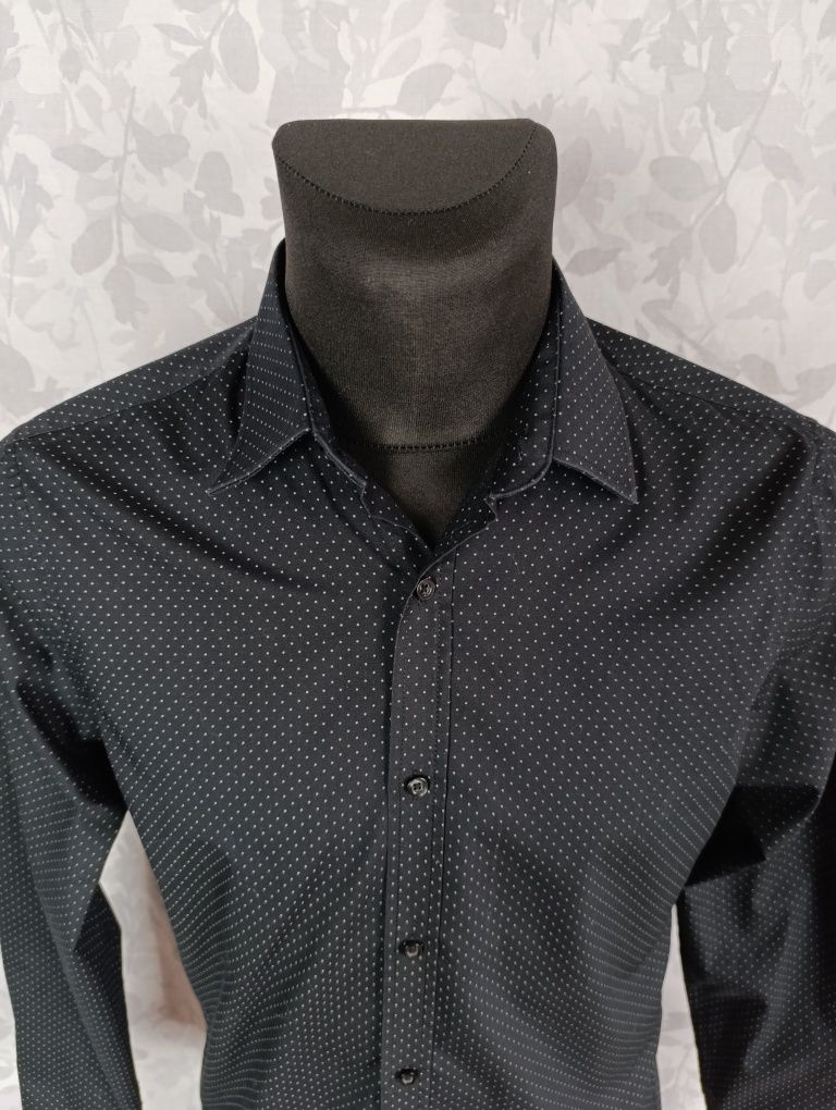Koszula F&F 38 Slim Fit Czarna w Białe Kropki